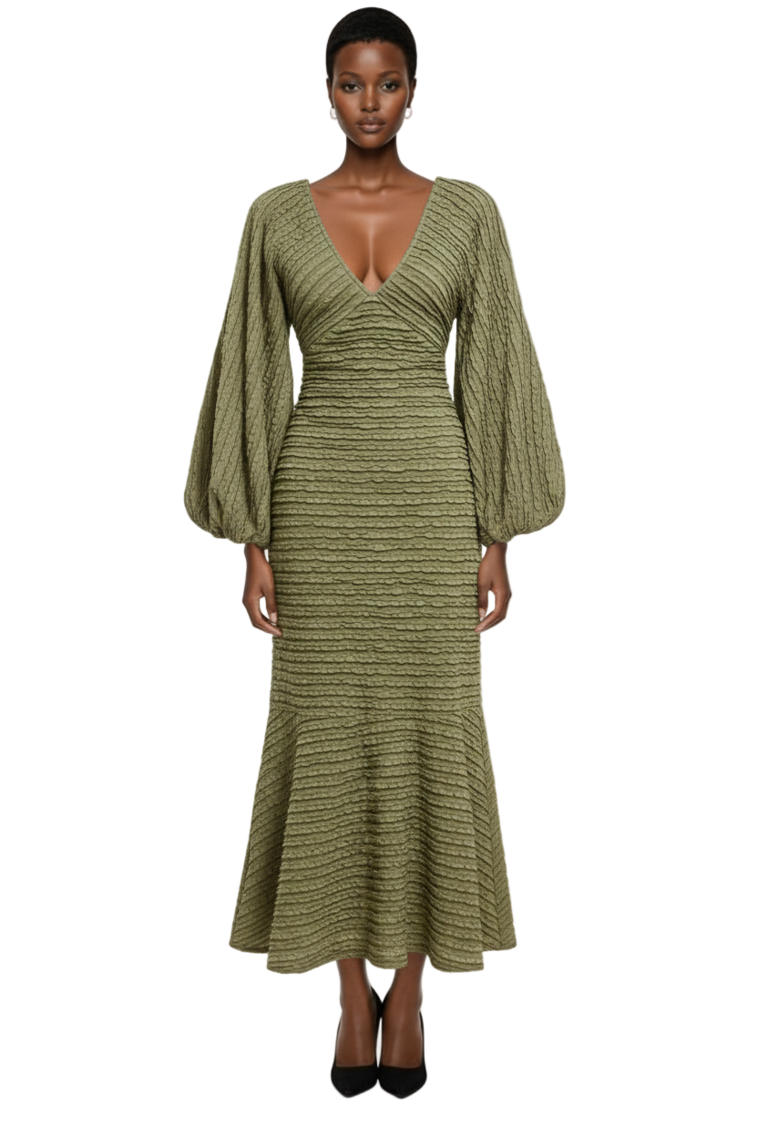 NYA SZN Dress Long Sleeve Deep Plunge Textured Special Occasion Dress
