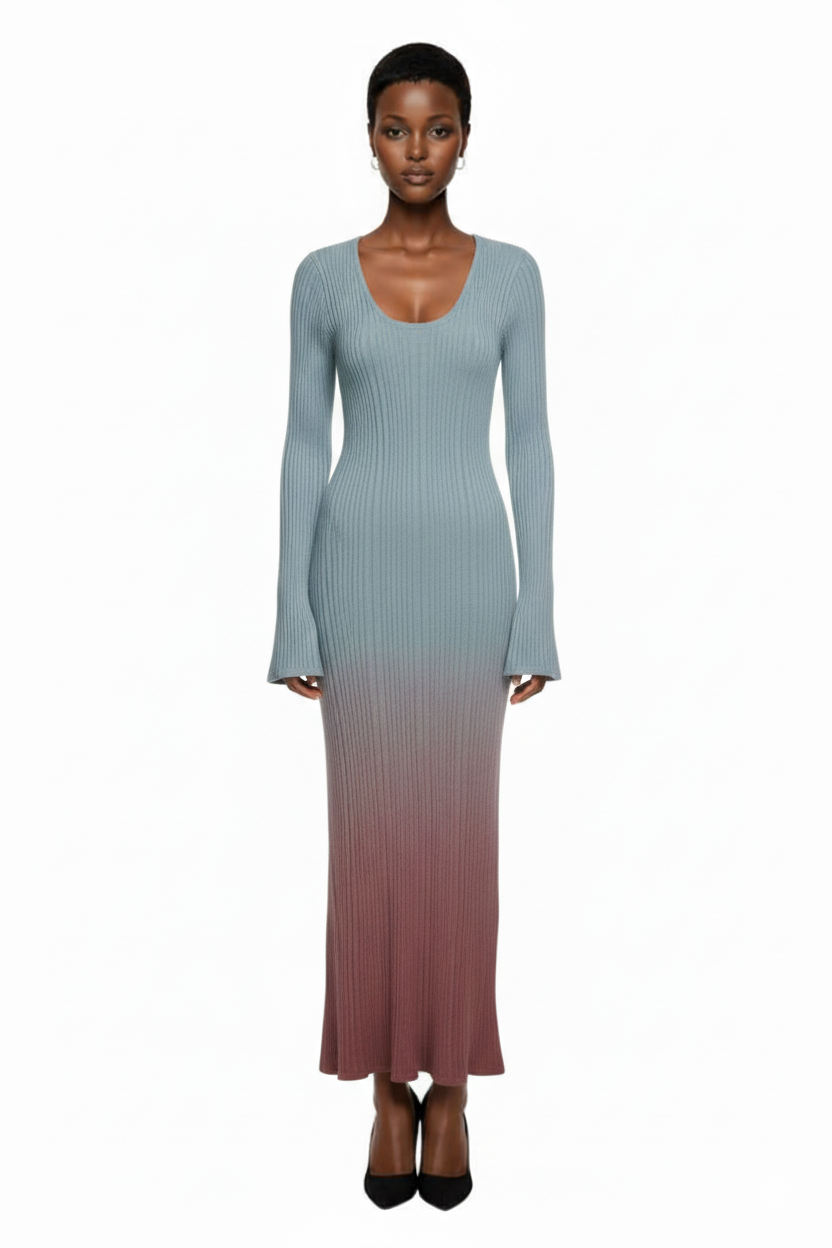 Nöista Long-Sleeve Ribbed Ombre Knit Maxi Dress