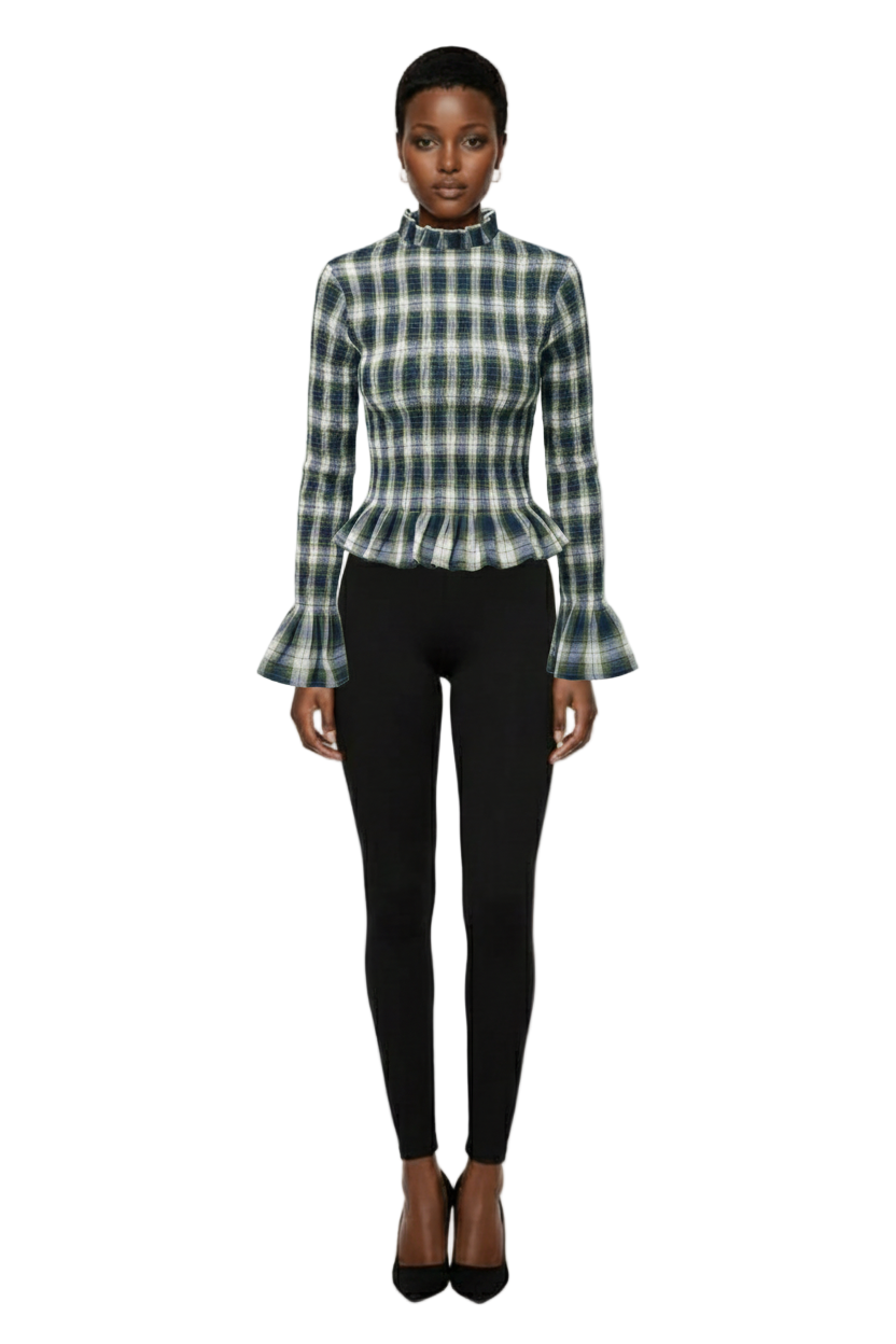Nöista Plaid Corset Top With Mock Neckline, Ruffle Trims, And A Slim Fit