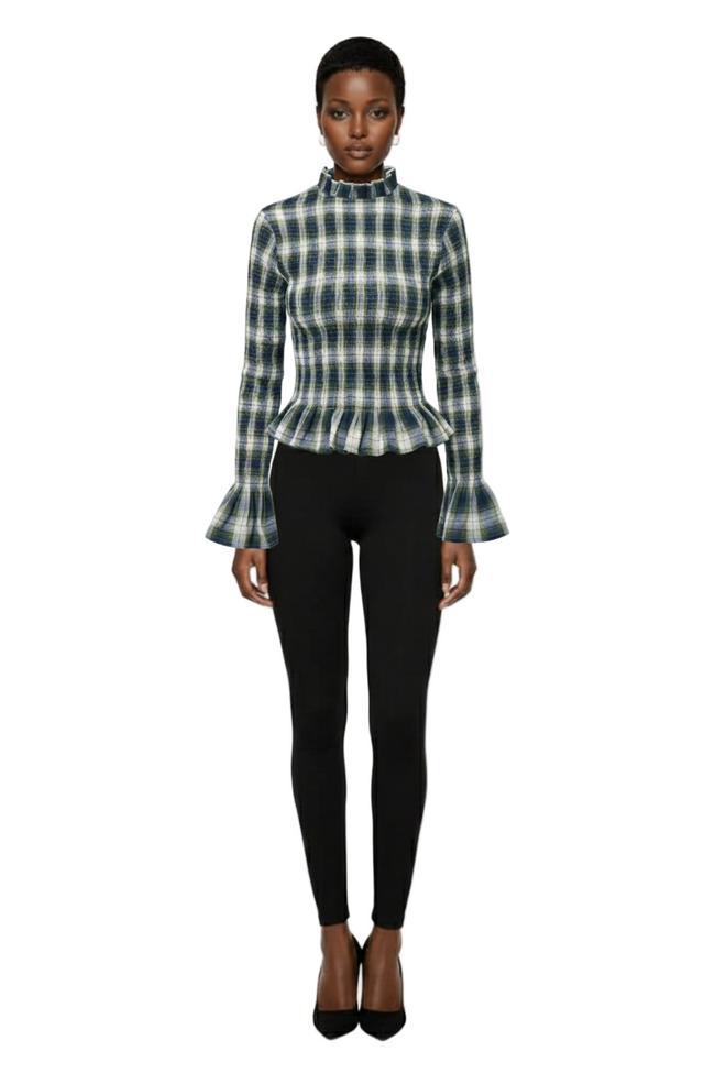 Nöista Plaid Corset Top With Mock Neckline, Ruffle Trims, And A Slim Fit Hover Image