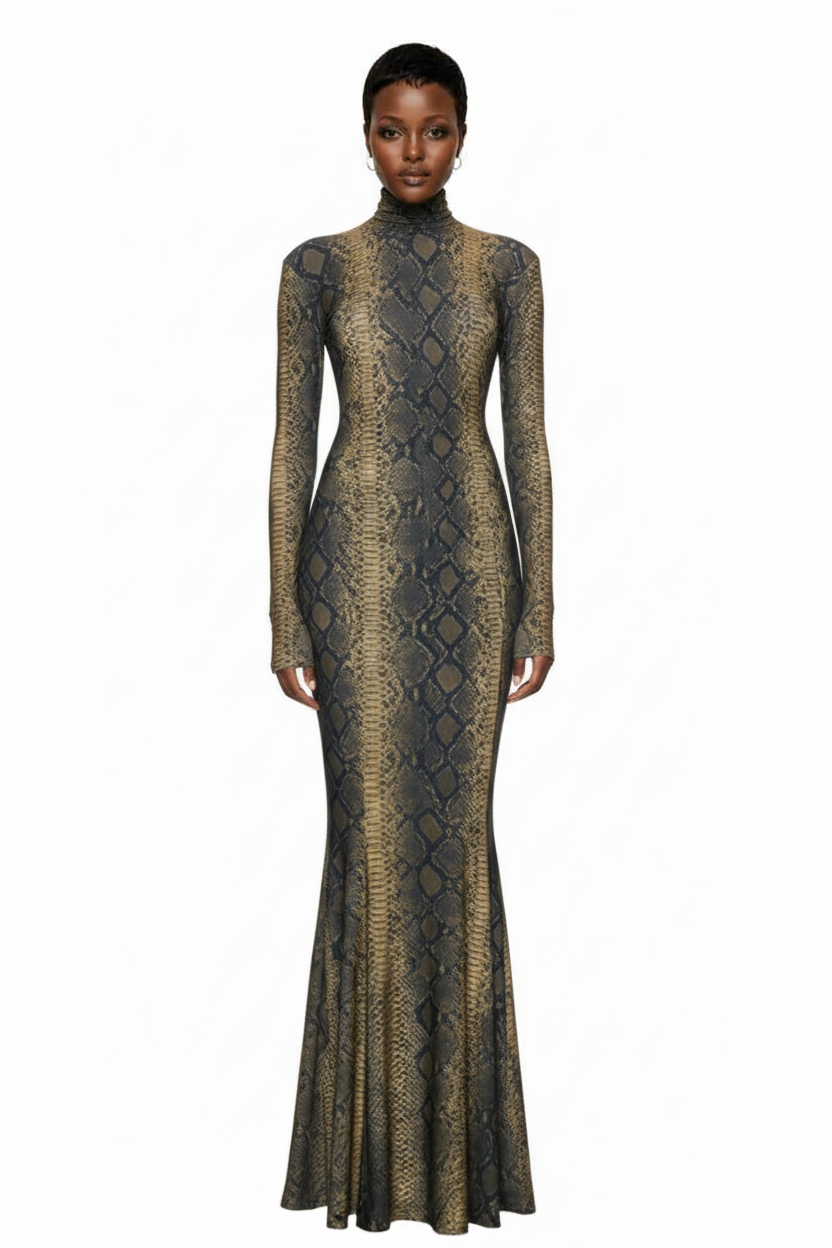 Norma Kamali Long Sleeve Turtleneck Fishtail Gown in Python