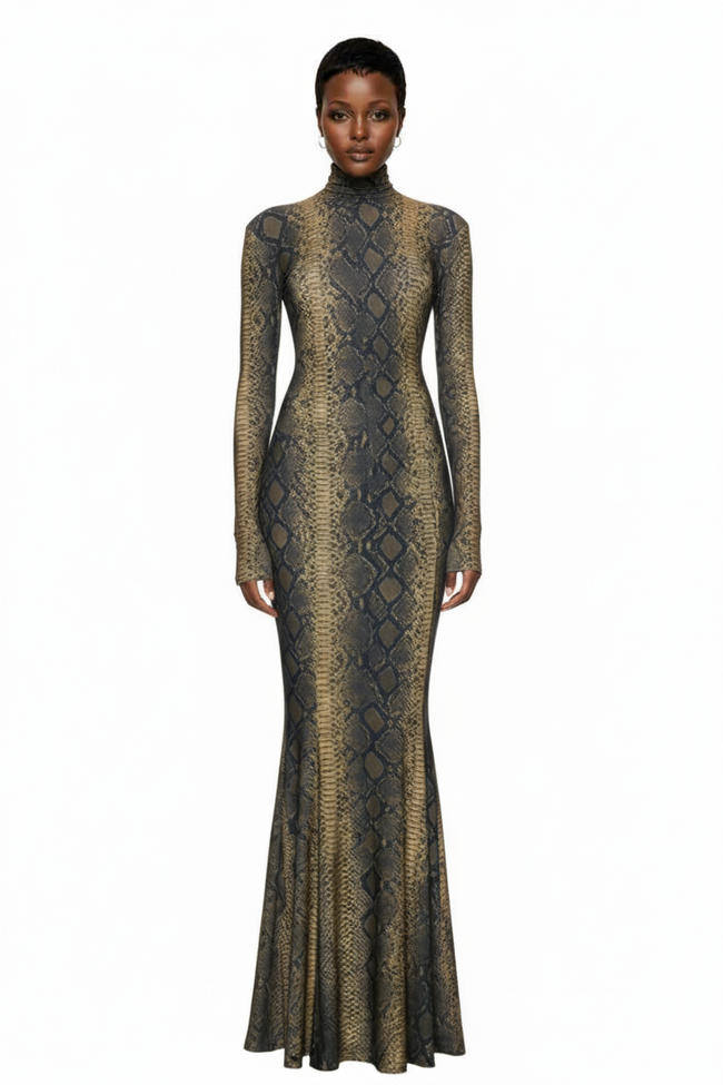 Norma Kamali Long Sleeve Turtleneck Fishtail Gown in Python Hover Image