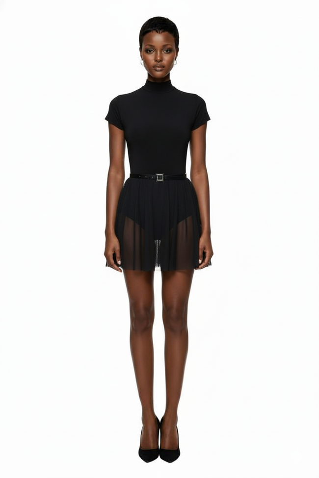 Norma Kamali Mock Neck Cap Sleeve Flared Pickleball Dress in Black Hover Image