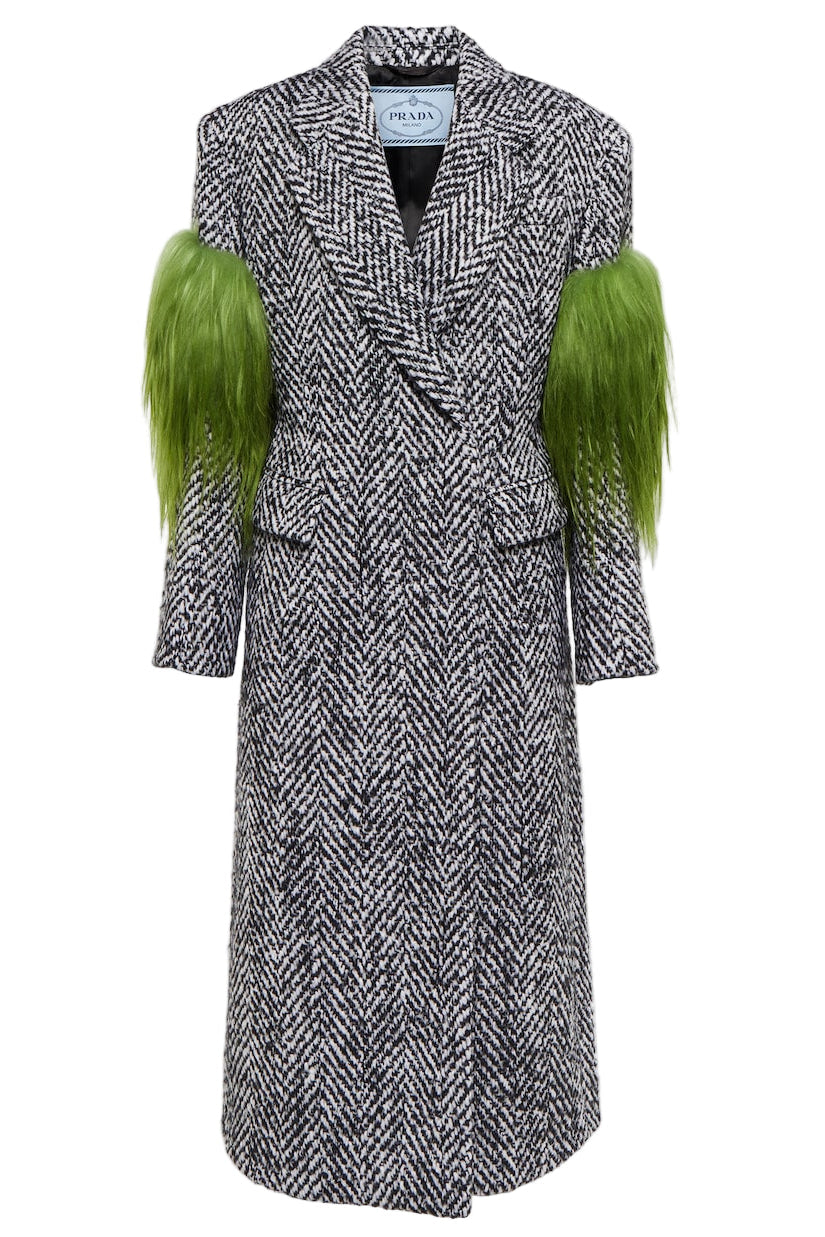 Shearling-trimmed tweed coat in grey - Prada