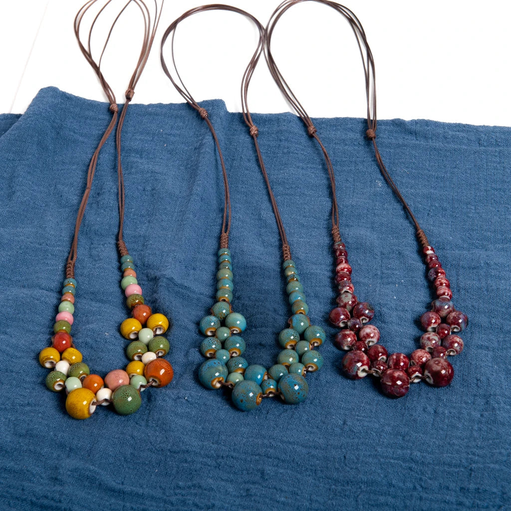Boho Chic Multilayer Ceramic Necklace - Adjustable Vintage Statement Jewelry