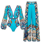 Vibrant Patterned Long Sleeve Bikini Set