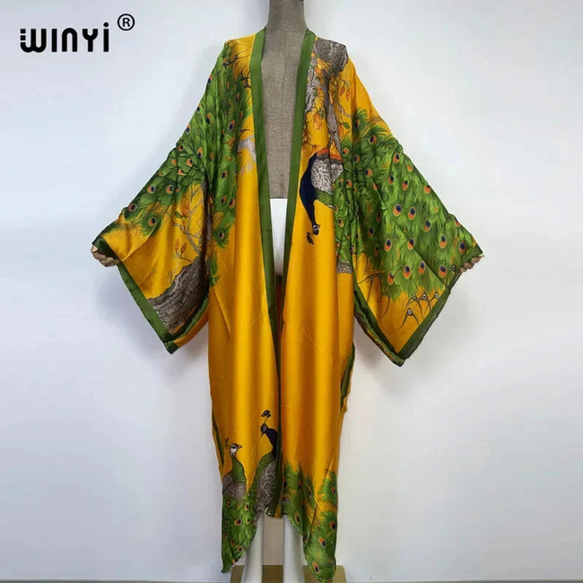 Radiant Peacock Print Silk Kaftan Hover Image