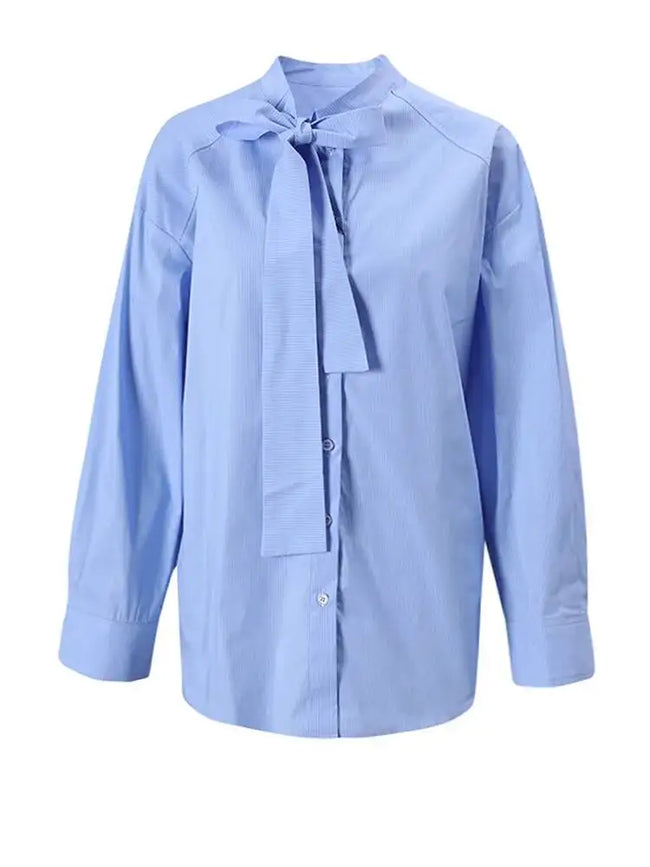 Elegant Striped Bow Collar Blouse Hover Image