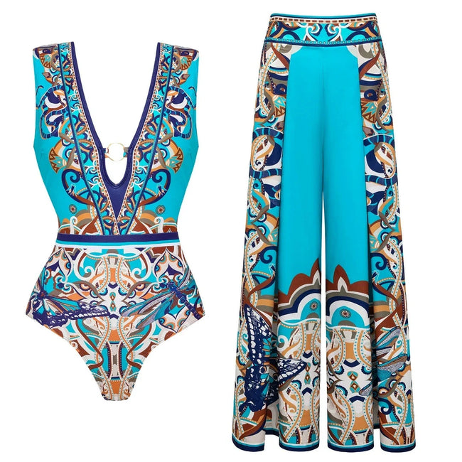 Vibrant Patterned Long Sleeve Bikini Set Hover Image