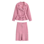 Elegant Suede Belted Skirt Set