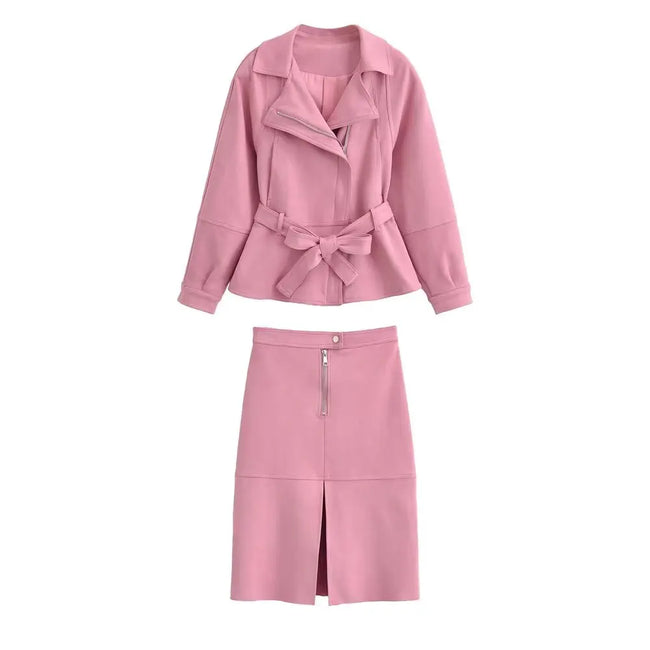 Elegant Suede Belted Skirt Set Hover Image