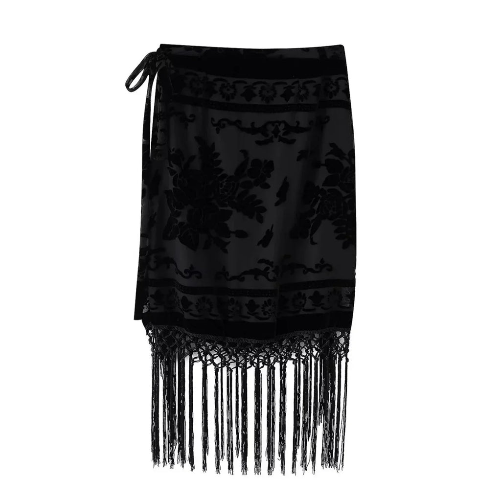 Divine Velvet Fringe Midi Skirt