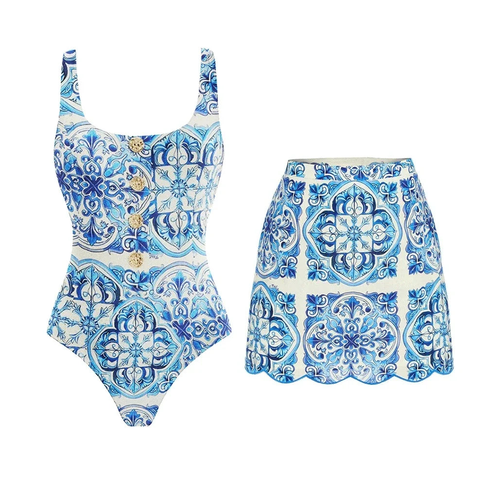 Divine Blue Tile Print Swimsuit