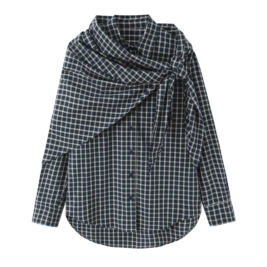 Unique Plaid Irregular Bow Blouse