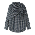 Unique Plaid Irregular Bow Blouse