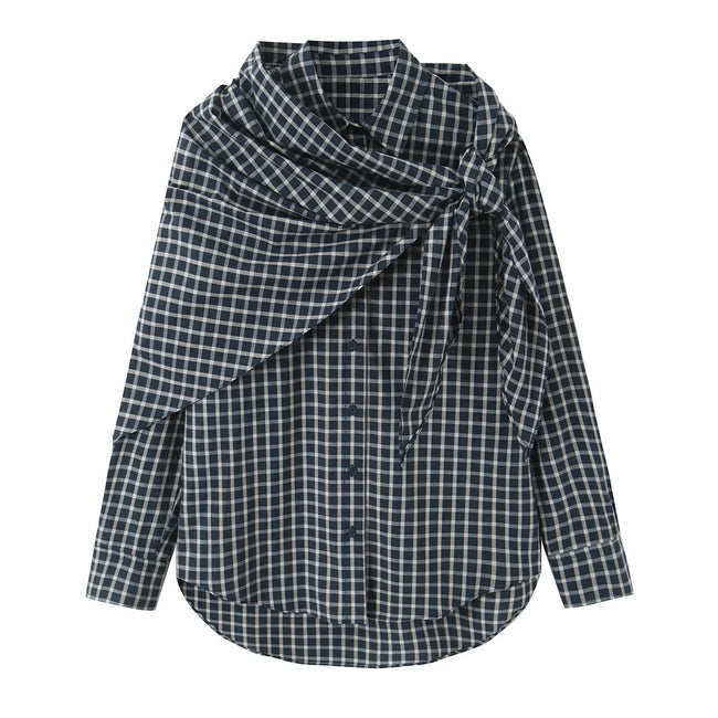 Unique Plaid Irregular Bow Blouse Hover Image