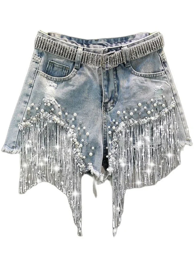 Radiant Beaded Tassel Denim Shorts Hover Image