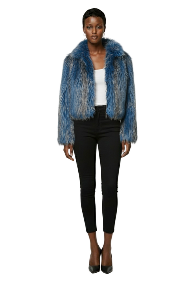 SHEIN ICON Women's Blue Stand Collar Faux Fur Coat, Minimalist Street Style Outerwear Hover Image