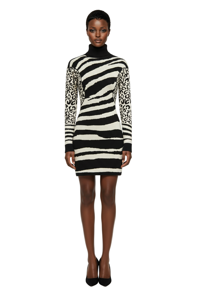 SHEIN Veneréa All Season New High Neck Drop Shoulder Leopard Knit Sweater Dress