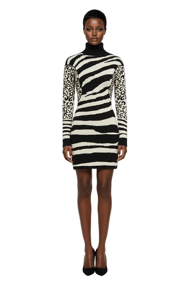 SHEIN Veneréa All Season New High Neck Drop Shoulder Leopard Knit Sweater Dress Hover Image