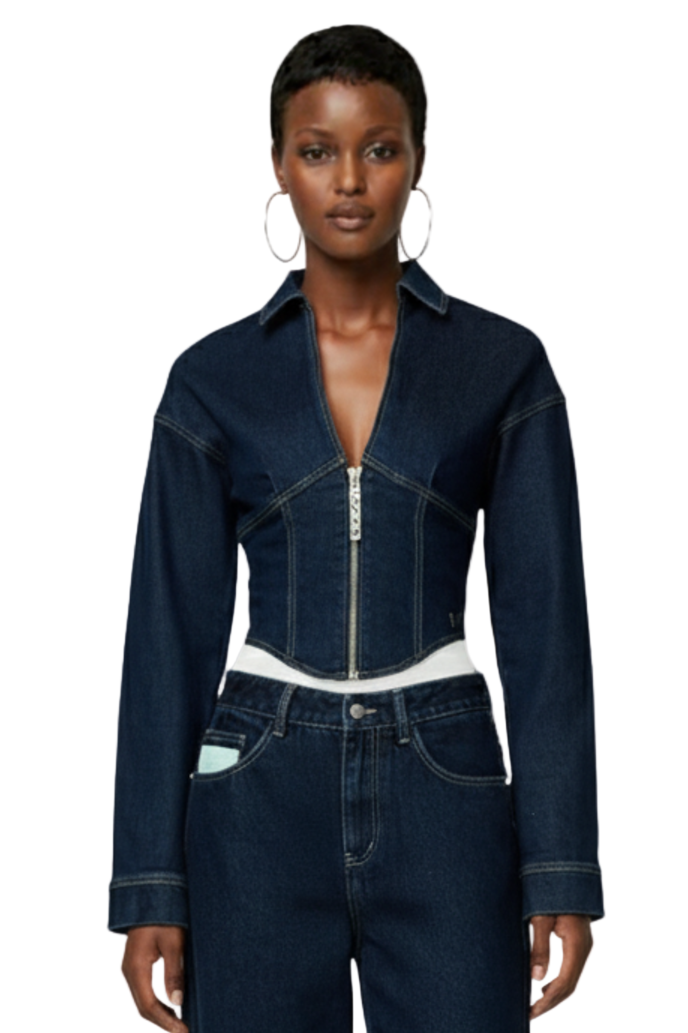 KIZN Denim Zip Front Cropped Jacket High Fashion Corset Style