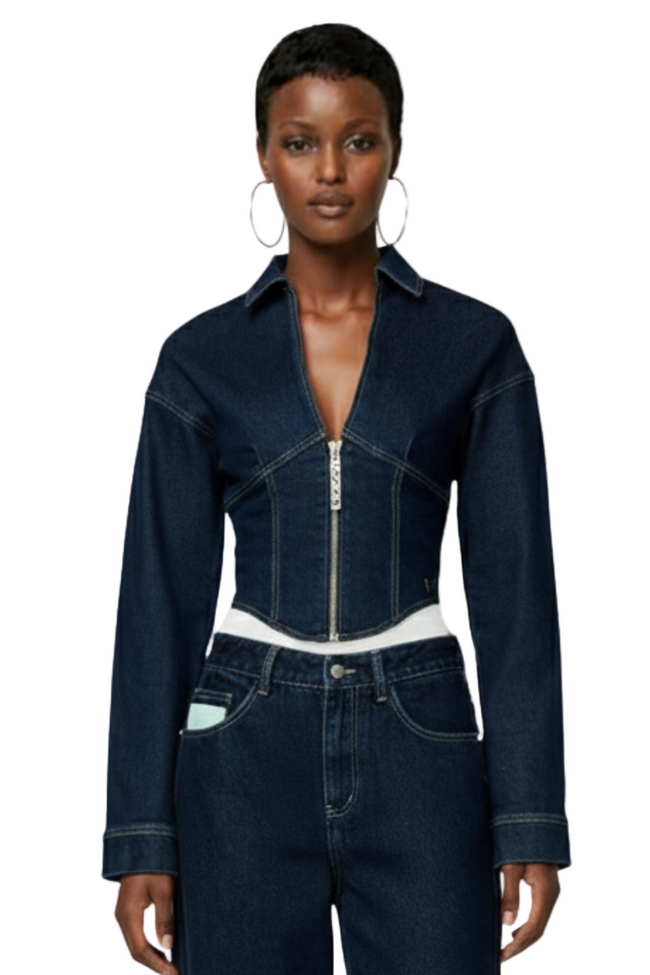 KIZN Denim Zip Front Cropped Jacket High Fashion Corset Style Hover Image