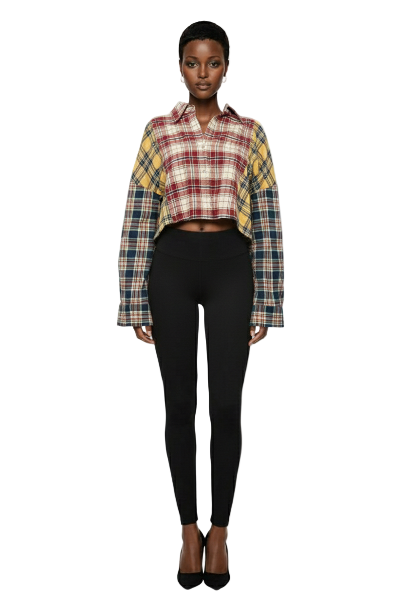 SUMWON WOMEN Plaid Multi Pattern Patchwork Oversized Cropped Button