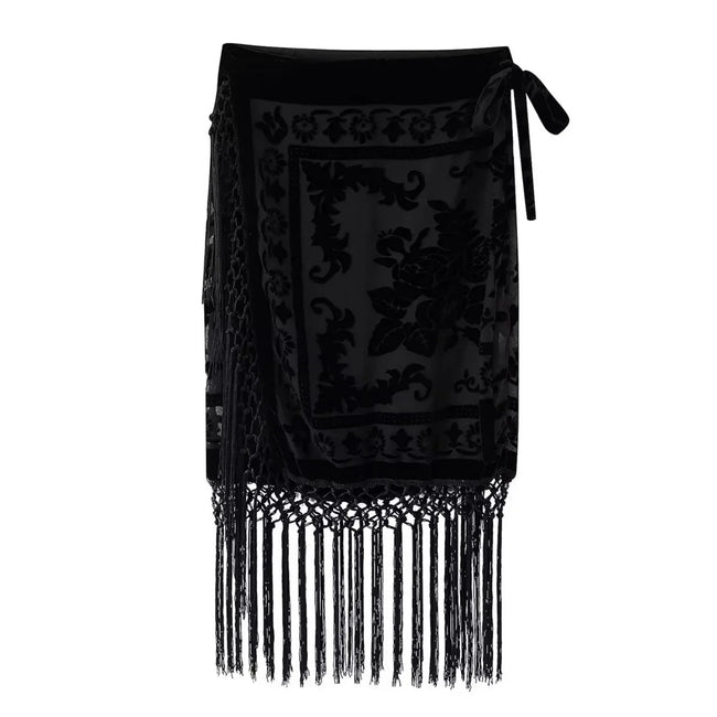Divine Velvet Fringe Midi Skirt Hover Image
