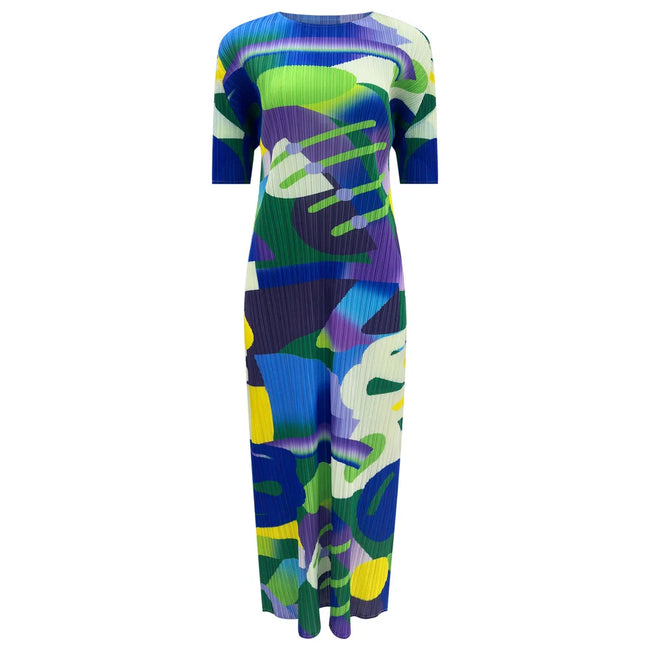 Vibrant Abstract Pleated Midi Dress Hover Image