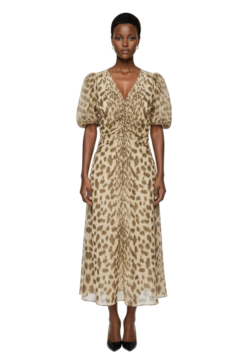 Sea Claude Print Puff Sleeve Midi Dress