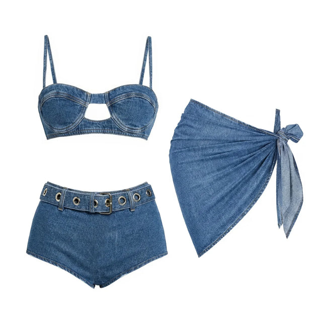 Audacious Denim Strappy Bikini Set Hover Image