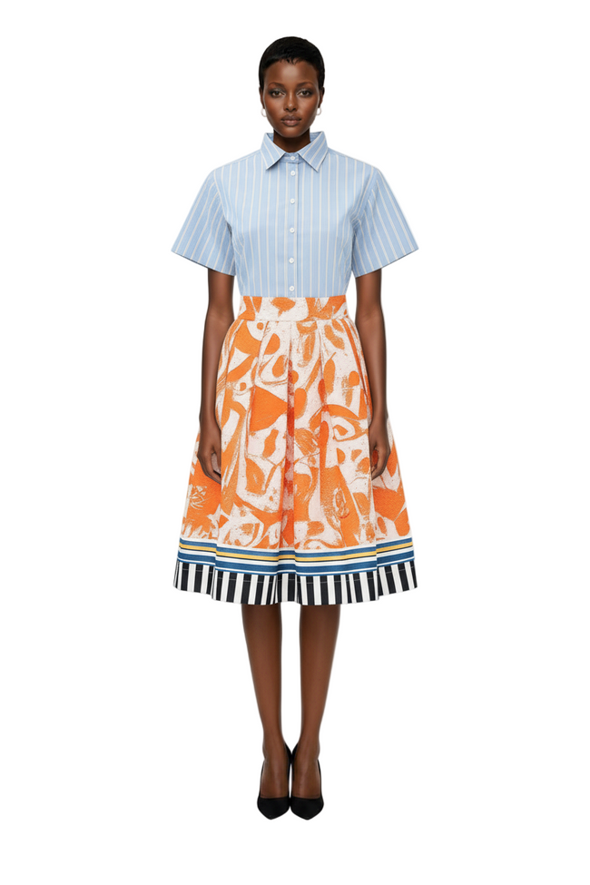 Striped Floral Midi Dress Hover Image