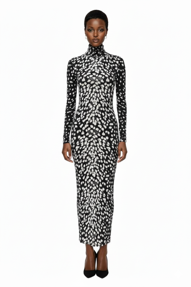 The Camille Hand Printed Cashmere Turtleneck Dress Hover Image
