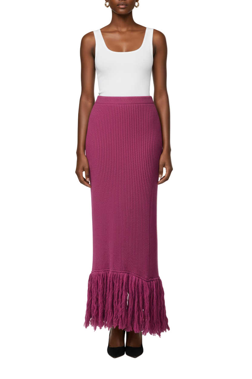 Vixey Berry Fringe Hem Rib Waistband Maxi Sweater Skirt