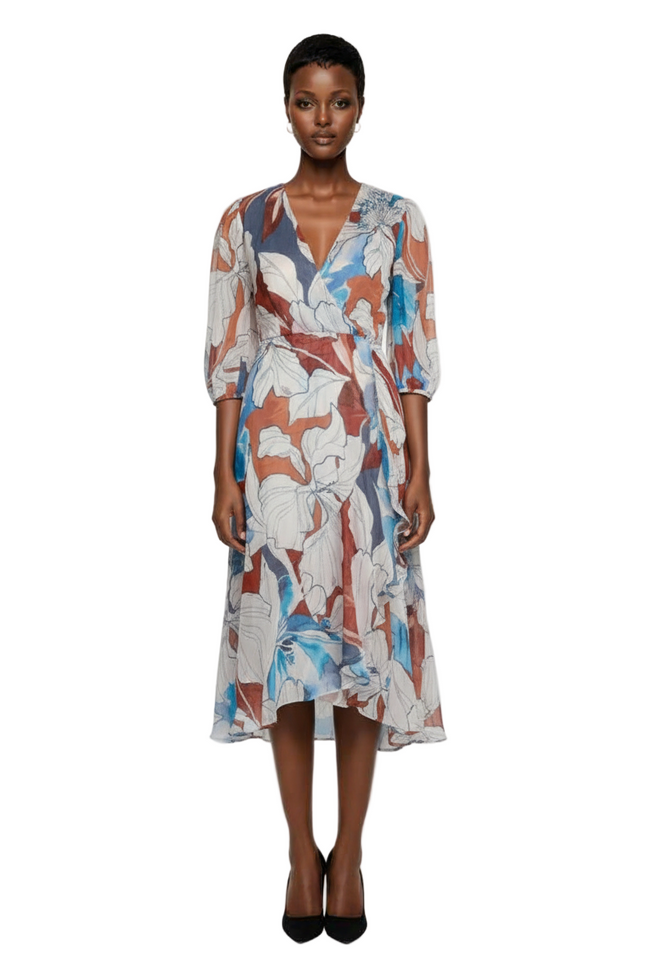 Women's 3/4-Sleeve Chiffon Wrap A-Line Dress Hover Image