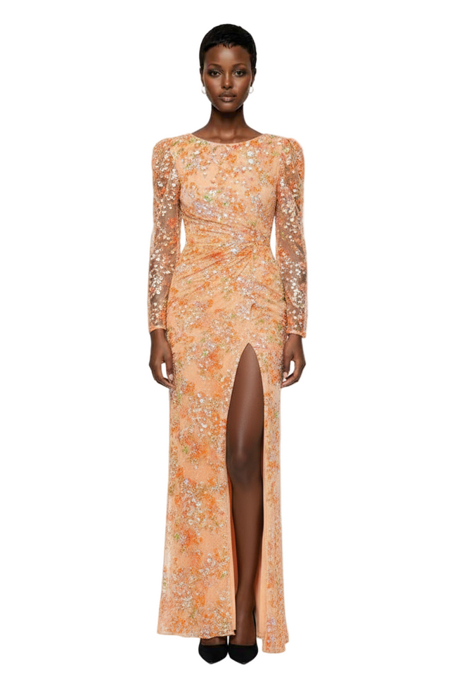 Women's Floral Print Sequined Puff Sleeve Gown Hover Image