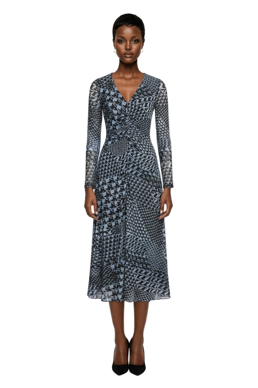 Women's Long-Sleeve Printed-Mesh Midi Dress