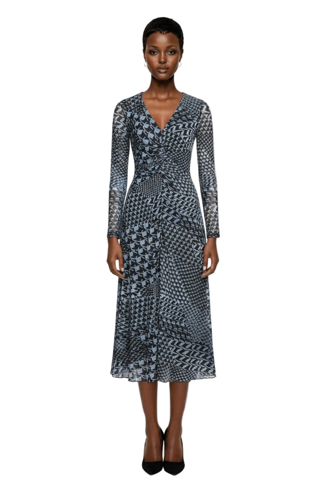 Women's Long-Sleeve Printed-Mesh Midi Dress Hover Image