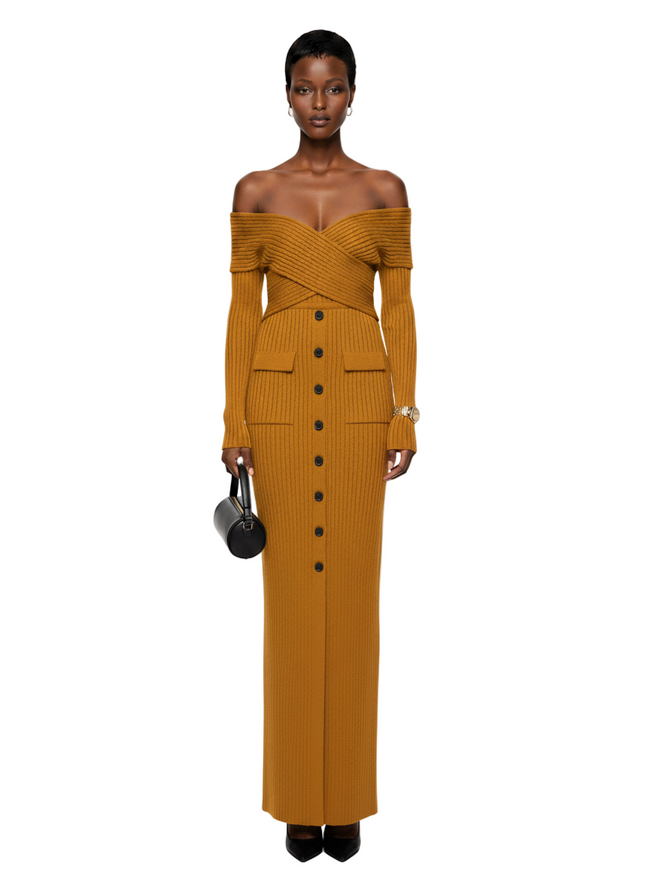 Zivah 2025 Autumn And Winter New Elegant Sexy Casual Mustard Yellow Slim Fit Dress Hover Image