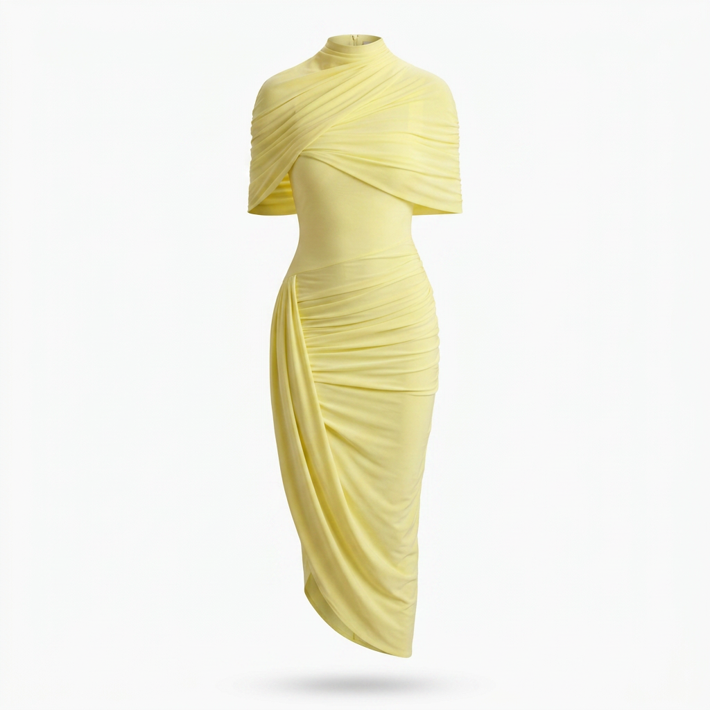 Enchant Lemon Asymmetric Twisted Cape Midi Dress