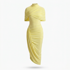 Enchant Lemon Asymmetric Twisted Cape Midi Dress