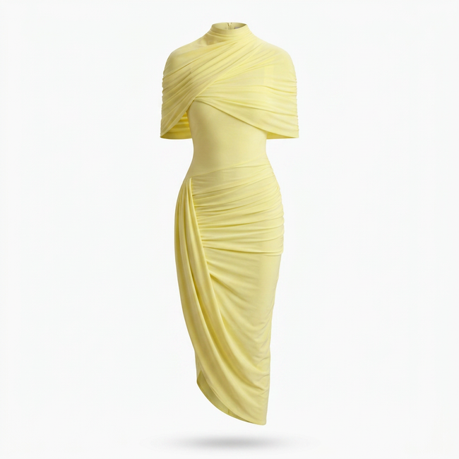 Enchant Lemon Asymmetric Twisted Cape Midi Dress Hover Image
