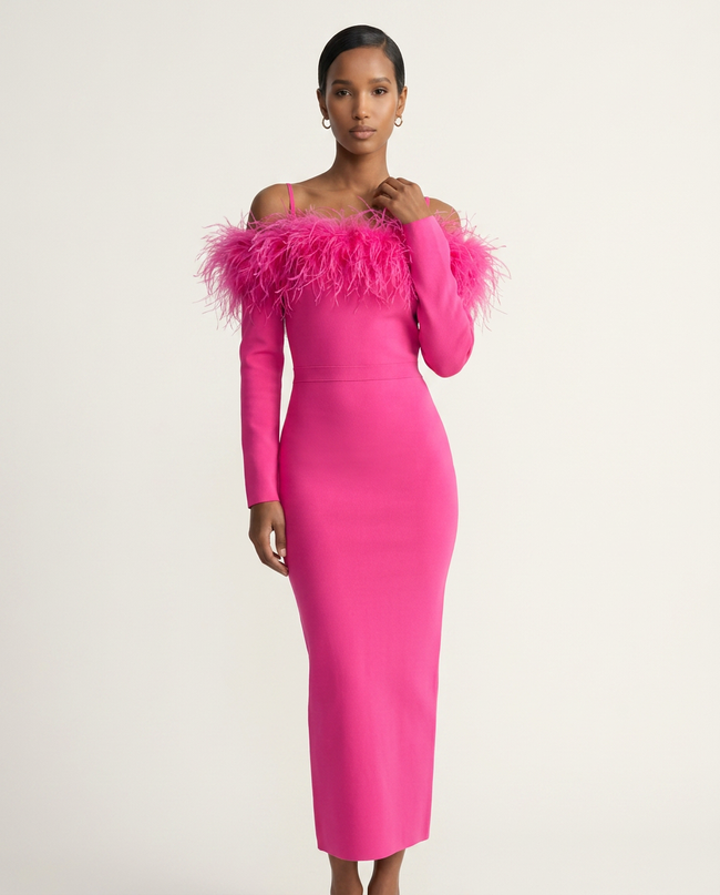 Hot Pink Feather-Trim Column Dress Hover Image