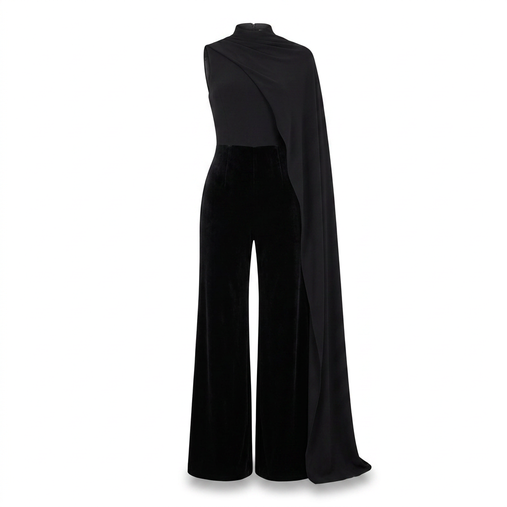 Seema Black High-Neck Jumpsuit With Cape