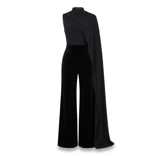 Seema Black High-Neck Jumpsuit With Cape Hover Image