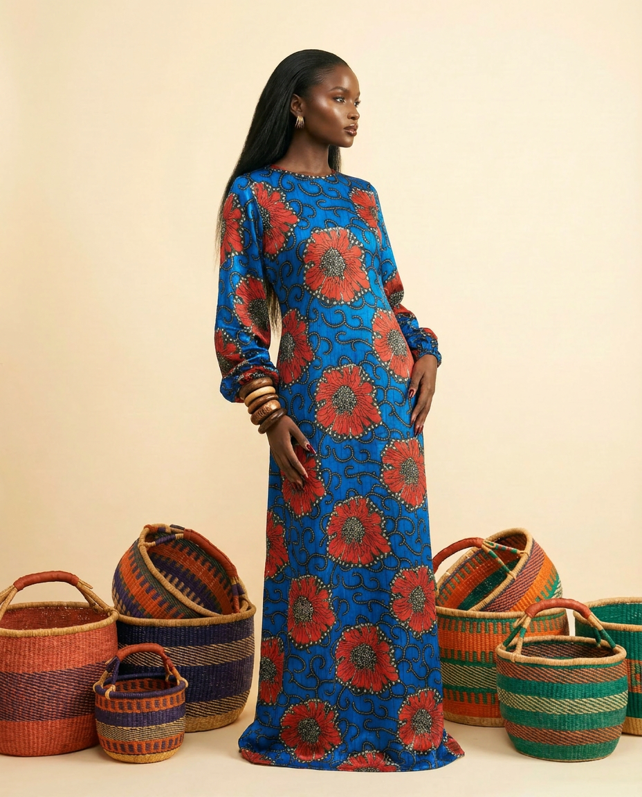 Akuru Ankara Faux Silk V-Neck Maxi Dress - Elegant Lantern Sleeves