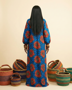 Akuru Ankara Faux Silk V-Neck Maxi Dress - Elegant Lantern Sleeves