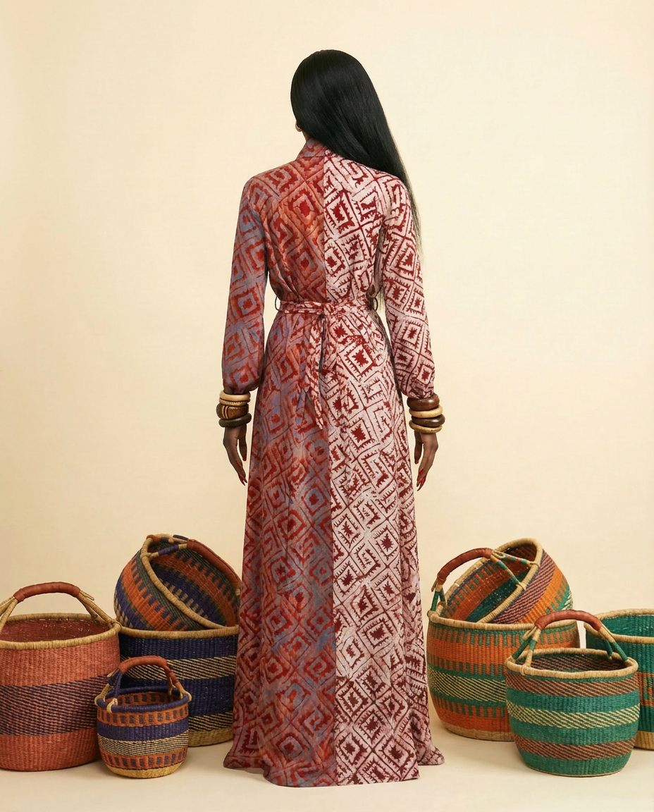 Ijenu Two-Tone Adire A-Line Dress with Bell Sleeves
