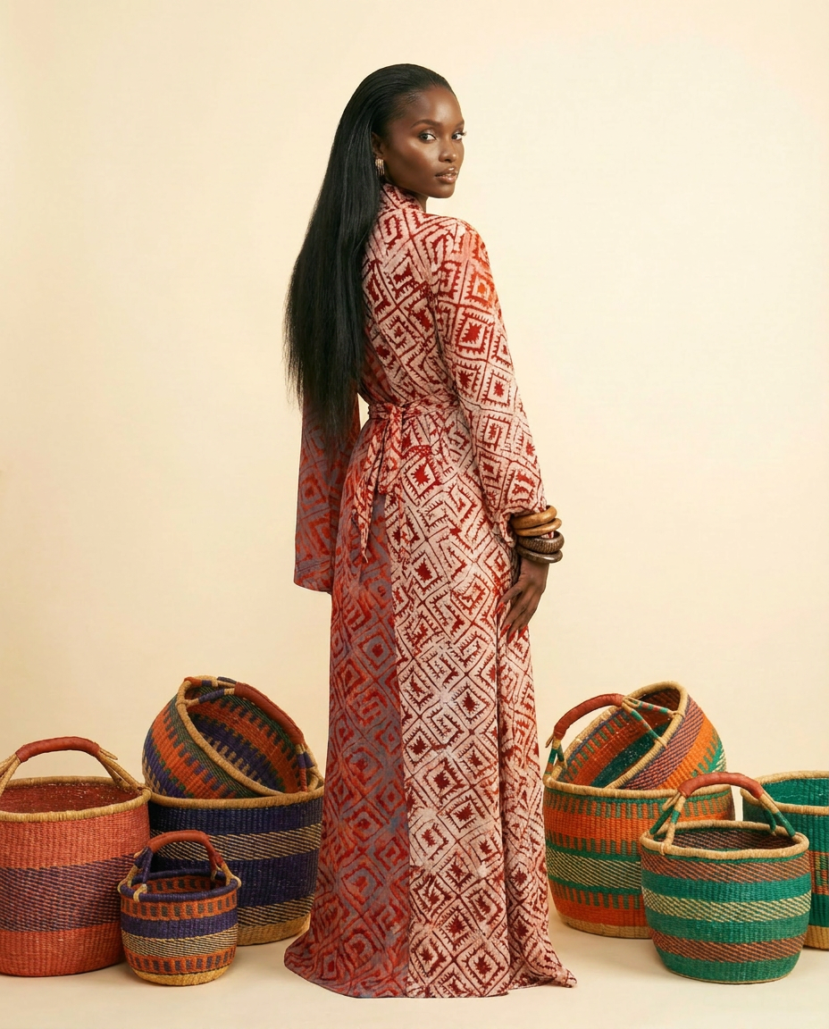 Ijenu Two-Tone Adire A-Line Dress with Bell Sleeves
