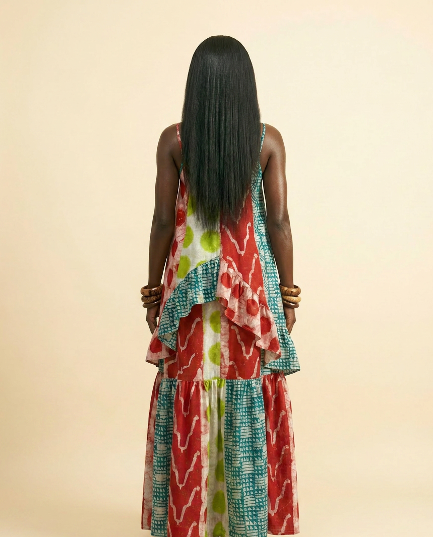Imi Adire Mixed-Print Midi Dress - Voluminous & Elegant